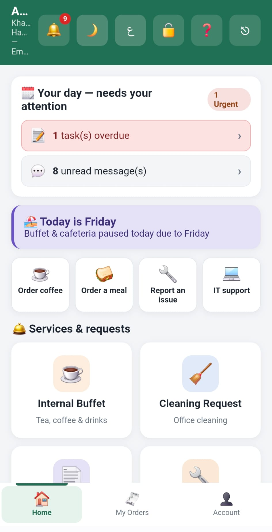 Employee home screen with daily tasks and quick actions