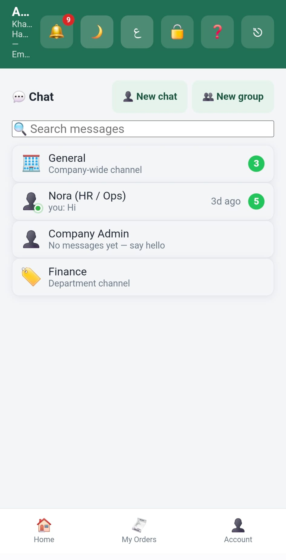 Internal chat with company and department channels and unread badges
