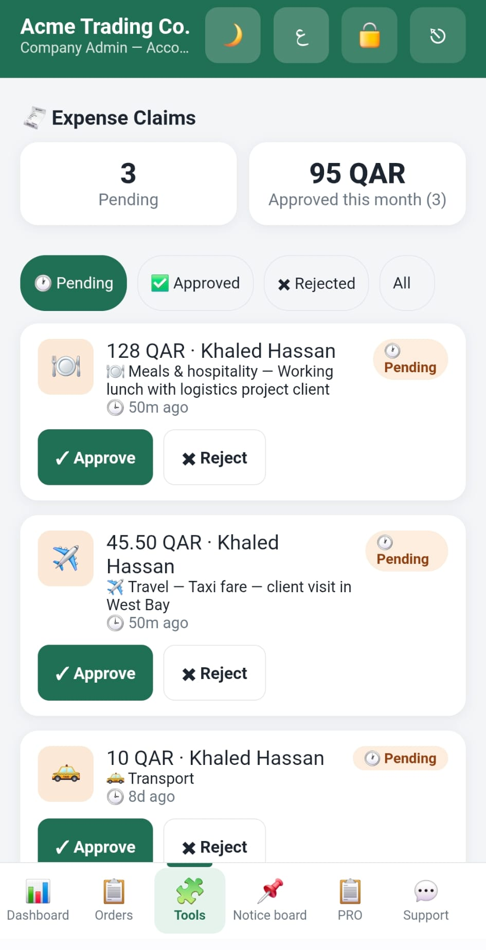 Expense claims awaiting approval with one-tap approve and reject